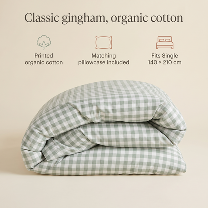 Little Teekie Gingham Organic Cotton Quilt Cover | Single 140x210cm – Sage – key features