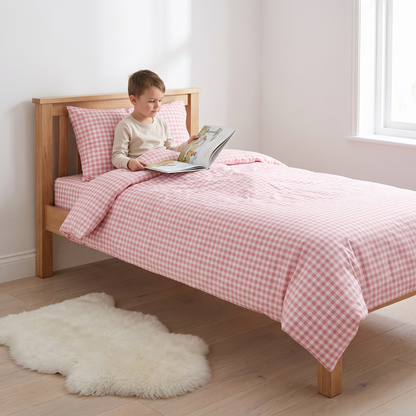 Little Teekie Gingham Organic Cotton Quilt Cover | Single 140x210cm – Candy Pink – in use, shows scale