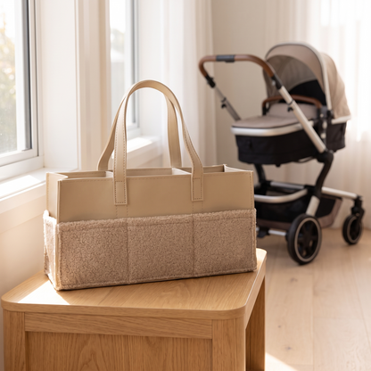 Little Teekie Nappy Caddy | Structured Vegan Leather with Pockets – Tan – lifestyle hero