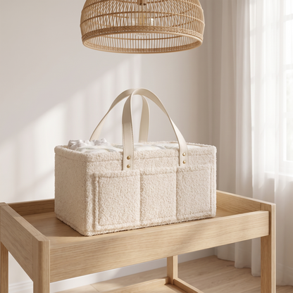 Little Teekie Boucle Nappy Caddy | Teddy Felt 39cm with Vegan Leather Handles – Oat – lifestyle hero