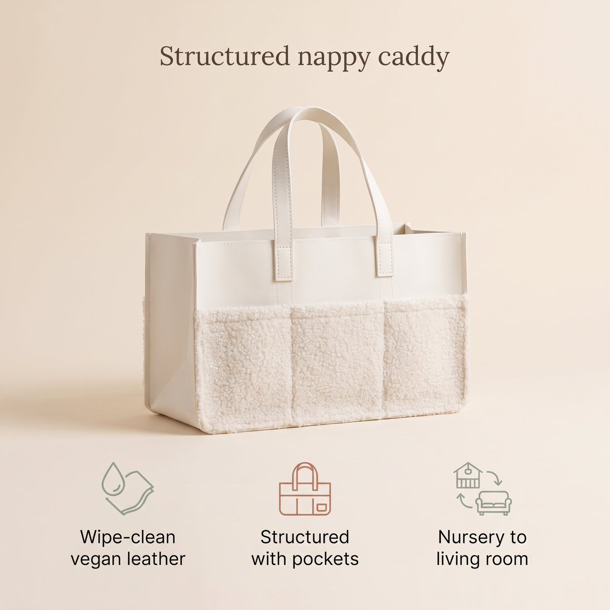 Little Teekie Nappy Caddy | Structured Vegan Leather with Pockets – Snow – key features