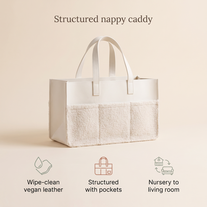 Little Teekie Nappy Caddy | Structured Vegan Leather with Pockets – Snow – key features