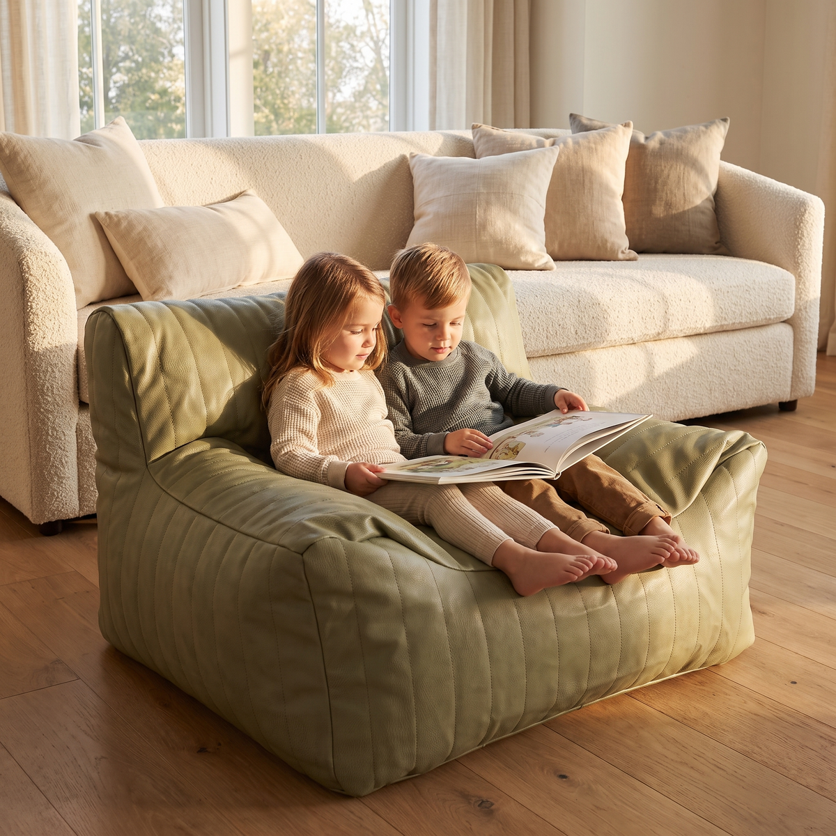 Little Teekie Kids Bean Bag Lounger Cover | Vegan Leather 85x75x60cm with Cotton Insert – Sage – styled in a playroom