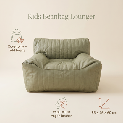 Little Teekie Kids Bean Bag Lounger Cover | Vegan Leather 85x75x60cm with Cotton Insert – Sage – key features