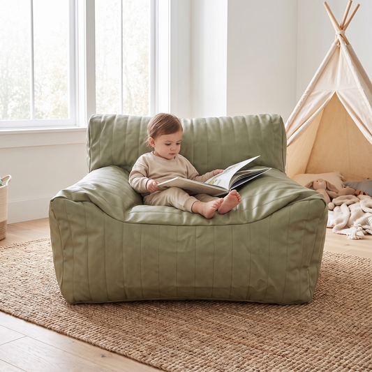 Little Teekie Kids Bean Bag Lounger Cover | Vegan Leather 85x75x60cm with Cotton Insert – Sage – in use, shows scale