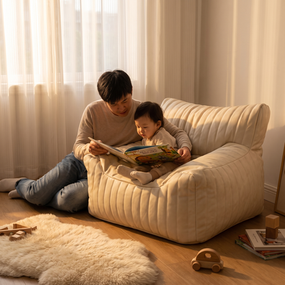 Little Teekie Kids Bean Bag Lounger Cover | Vegan Leather 85x75x60cm with Cotton Insert – Ivory – styled in a nursery