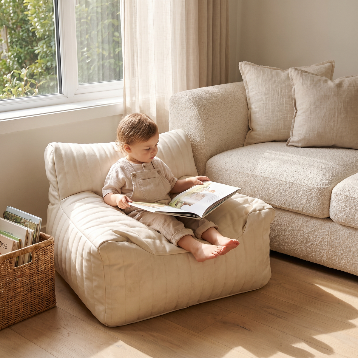 Little Teekie Kids Bean Bag Lounger Cover | Vegan Leather 85x75x60cm with Cotton Insert – Ivory – in use, shows scale