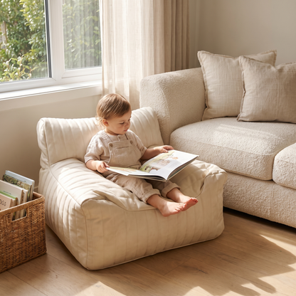Little Teekie Kids Bean Bag Lounger Cover | Vegan Leather 85x75x60cm with Cotton Insert – Ivory – in use, shows scale