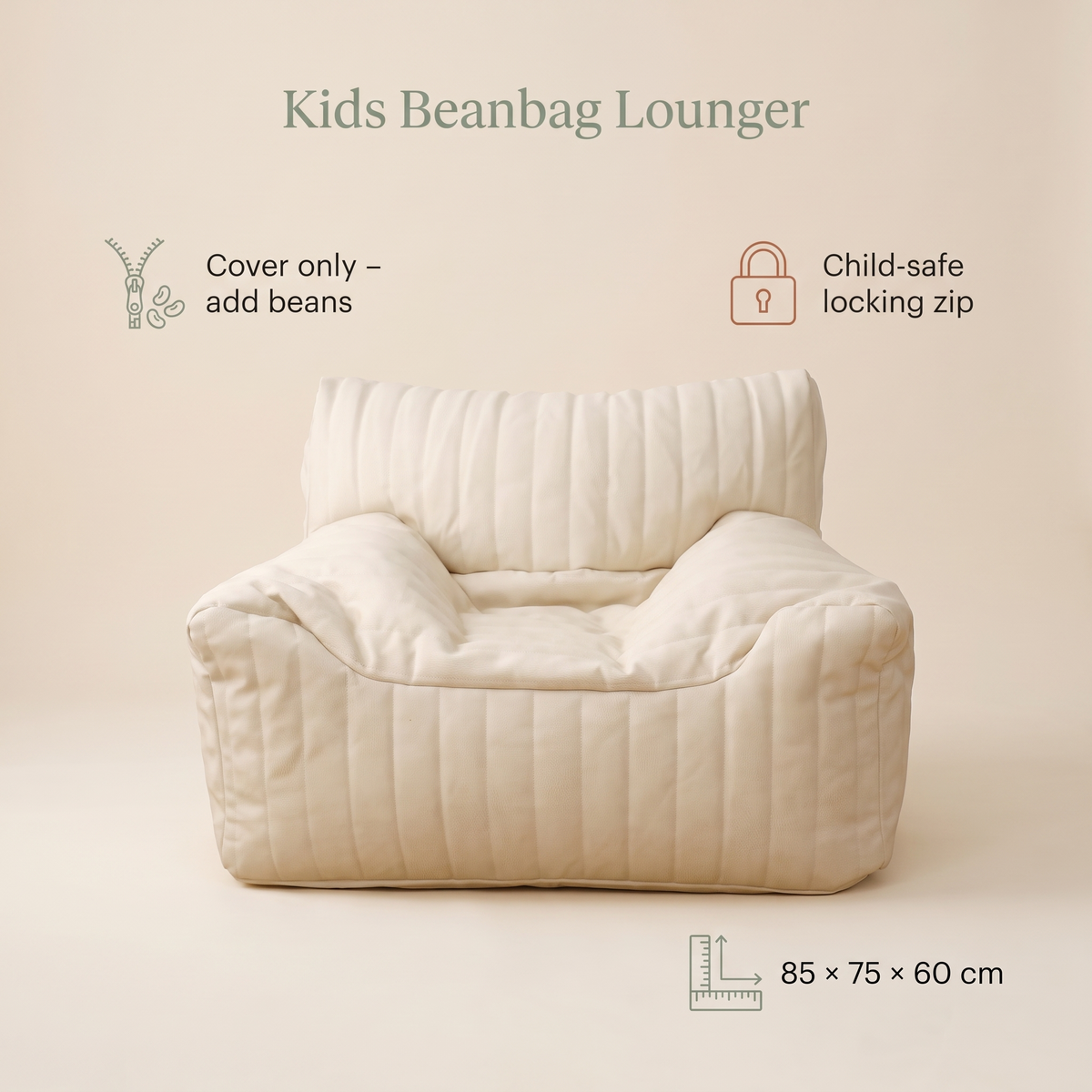 Little Teekie Kids Bean Bag Lounger Cover | Vegan Leather 85x75x60cm with Cotton Insert – Ivory – key features