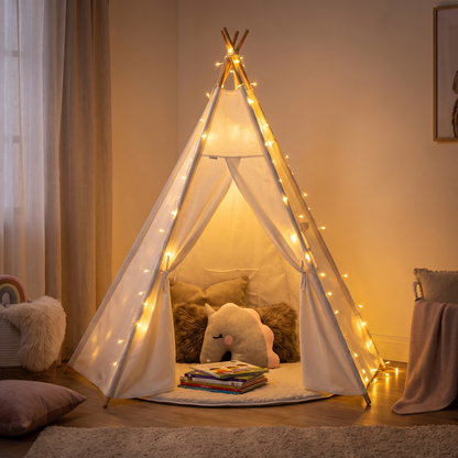 Little Teekie Kids Teepee Play Tent | Cotton Canvas, Pre-Assembled Poles – White – styled in a bedroom
