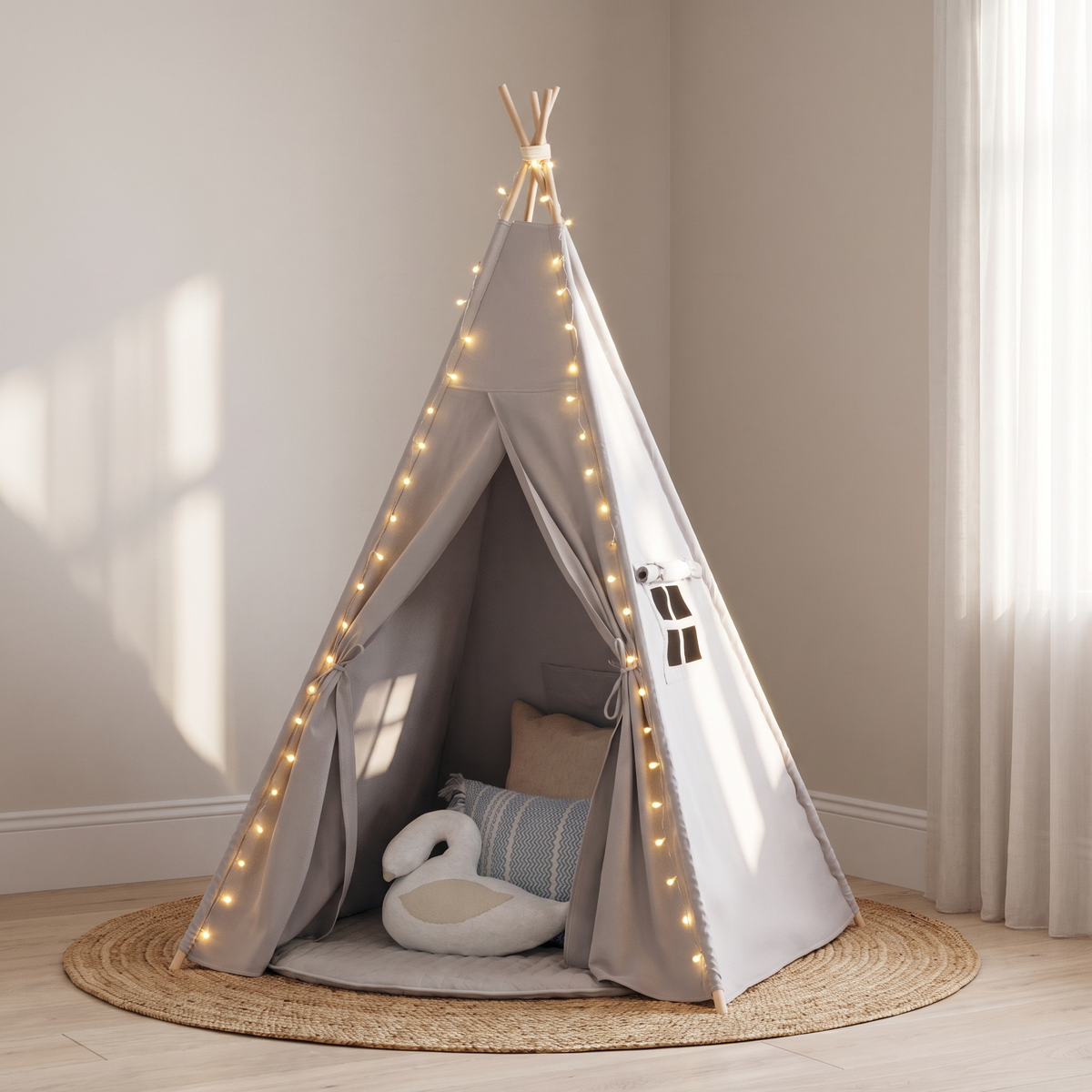 Little Teekie Kids Teepee Play Tent | Cotton Canvas, Pre-Assembled Poles – Grey – lifestyle hero