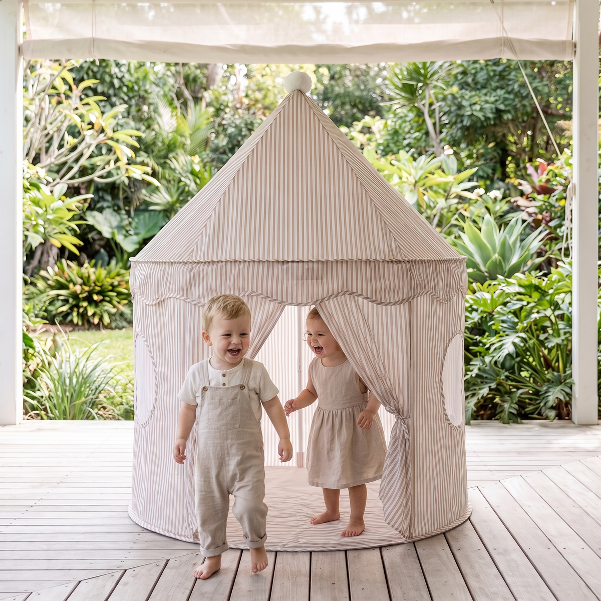 Little Teekie Pop-Up Play Tent | Cotton, Mesh Windows & Pom-Pom Roof – Ivory – in use, shows scale