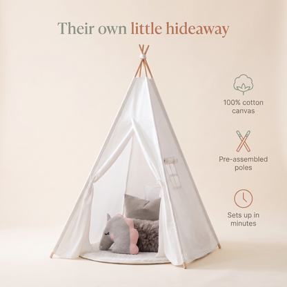 Little Teekie Kids Teepee Play Tent | Cotton Canvas, Pre-Assembled Poles – White – key features