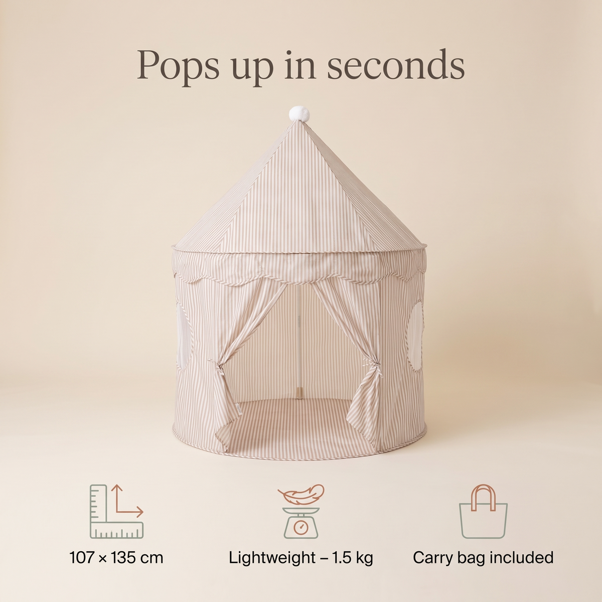 Little Teekie Pop-Up Play Tent | Cotton, Mesh Windows & Pom-Pom Roof – Ivory – key features