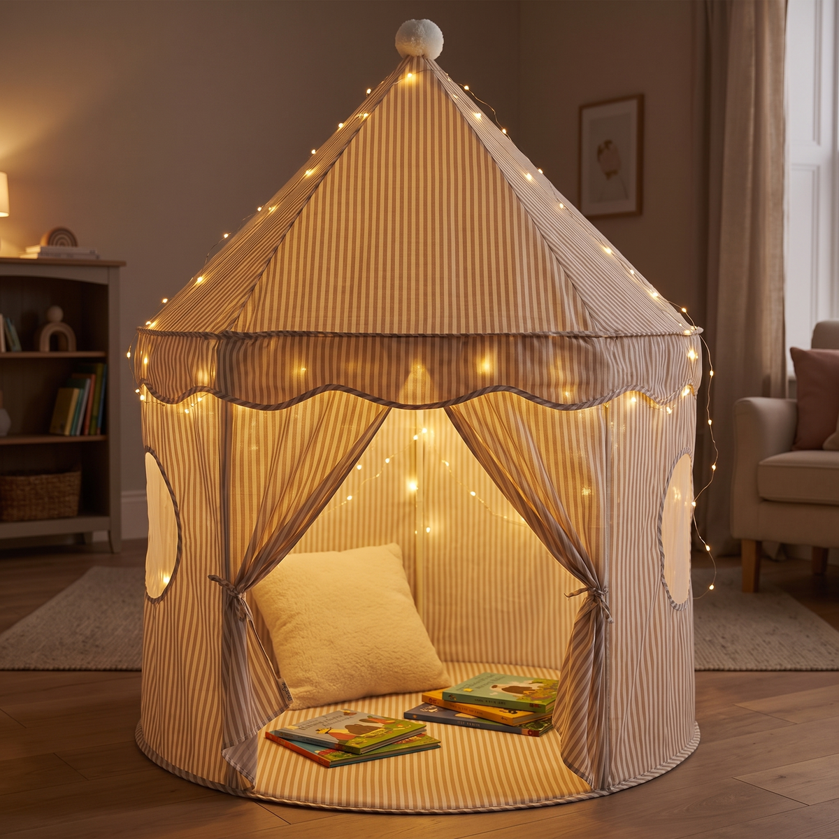 Little Teekie Pop-Up Play Tent | Cotton, Mesh Windows & Pom-Pom Roof – Ivory – styled in a playroom