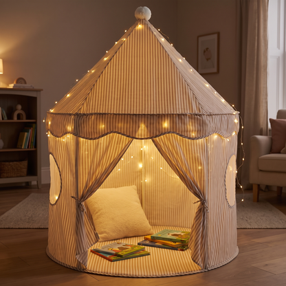 Little Teekie Pop-Up Play Tent | Cotton, Mesh Windows & Pom-Pom Roof – Ivory – styled in a playroom