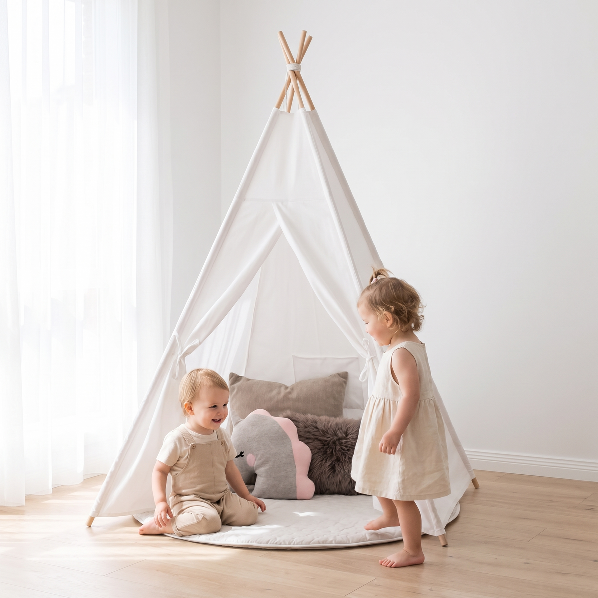 Little Teekie Kids Teepee Play Tent | Cotton Canvas, Pre-Assembled Poles – White – in use, shows scale