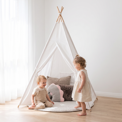 Little Teekie Kids Teepee Play Tent | Cotton Canvas, Pre-Assembled Poles – White – in use, shows scale