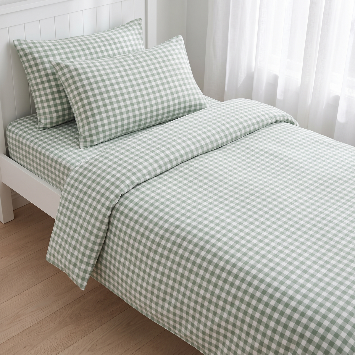 Little Teekie Gingham Organic Cotton Quilt Cover | King Single/Double 180x210cm – Sage – lifestyle hero