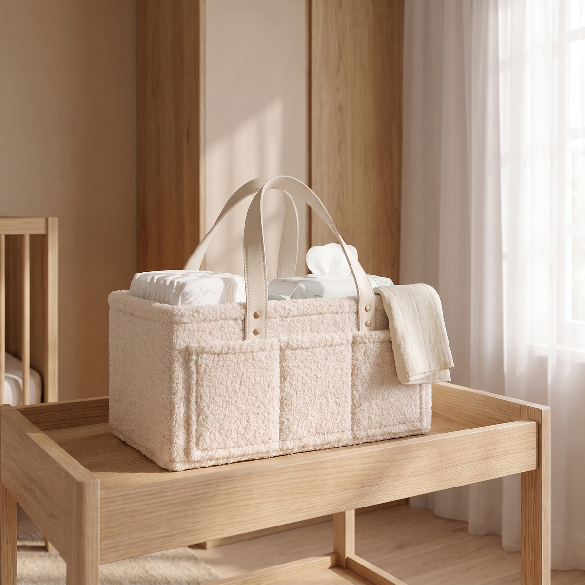 Little Teekie Boucle Nappy Caddy | Teddy Felt 39cm with Vegan Leather Handles – Oat – styled in a nursery