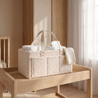 Little Teekie Boucle Nappy Caddy | Teddy Felt 39cm with Vegan Leather Handles – Oat – styled in a nursery