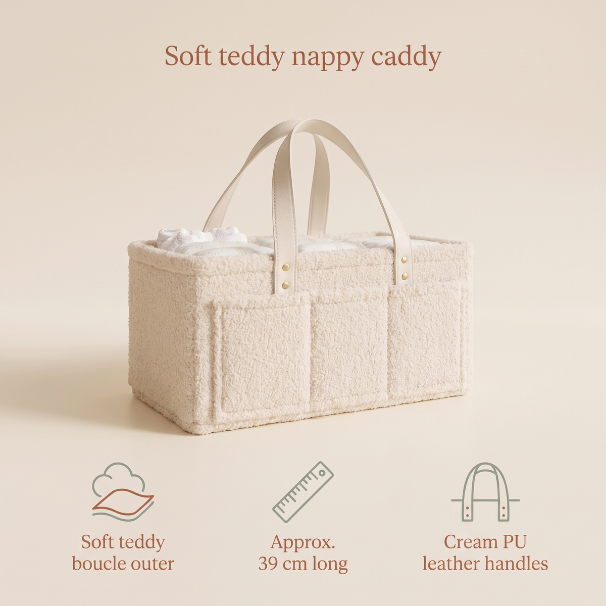 Little Teekie Boucle Nappy Caddy | Teddy Felt 39cm with Vegan Leather Handles – Oat – key features