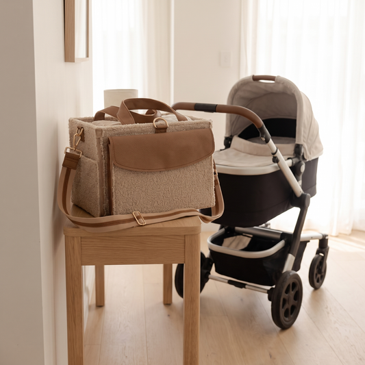 Little Teekie XL Teddy Nappy Caddy | Boucle 41x32x21cm with Removable Dividers – Nude Tan – lifestyle hero