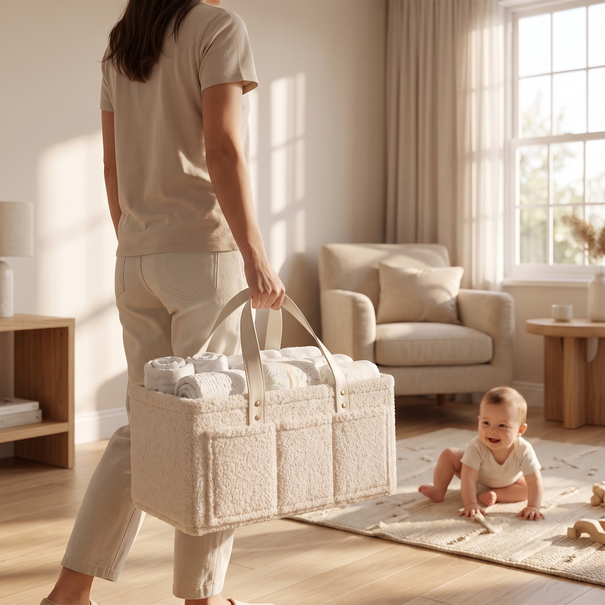 Little Teekie Boucle Nappy Caddy | Teddy Felt 39cm with Vegan Leather Handles – Oat – in use, shows scale