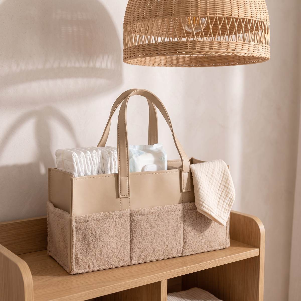 Little Teekie Nappy Caddy | Structured Vegan Leather with Pockets – Tan – styled in a nursery