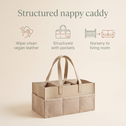 Little Teekie Nappy Caddy | Structured Vegan Leather with Pockets – Tan – key features