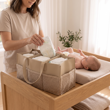 Little Teekie Nappy Caddy | Structured Vegan Leather with Pockets – Tan – in use, shows scale