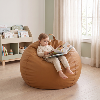 Little Teekie Round Kids Bean Bag Cover | Lay-Flat or Sit-Up Vegan Leather 90cm – Tan – in use, shows scale