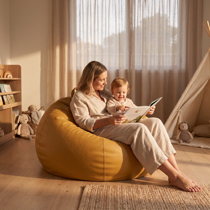 Little Teekie Round Kids Bean Bag Cover | Lay-Flat or Sit-Up Vegan Leather 90cm – Mustard – styled in a playroom