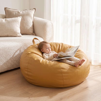 Little Teekie Round Kids Bean Bag Cover | Lay-Flat or Sit-Up Vegan Leather 90cm – Mustard – in use, shows scale