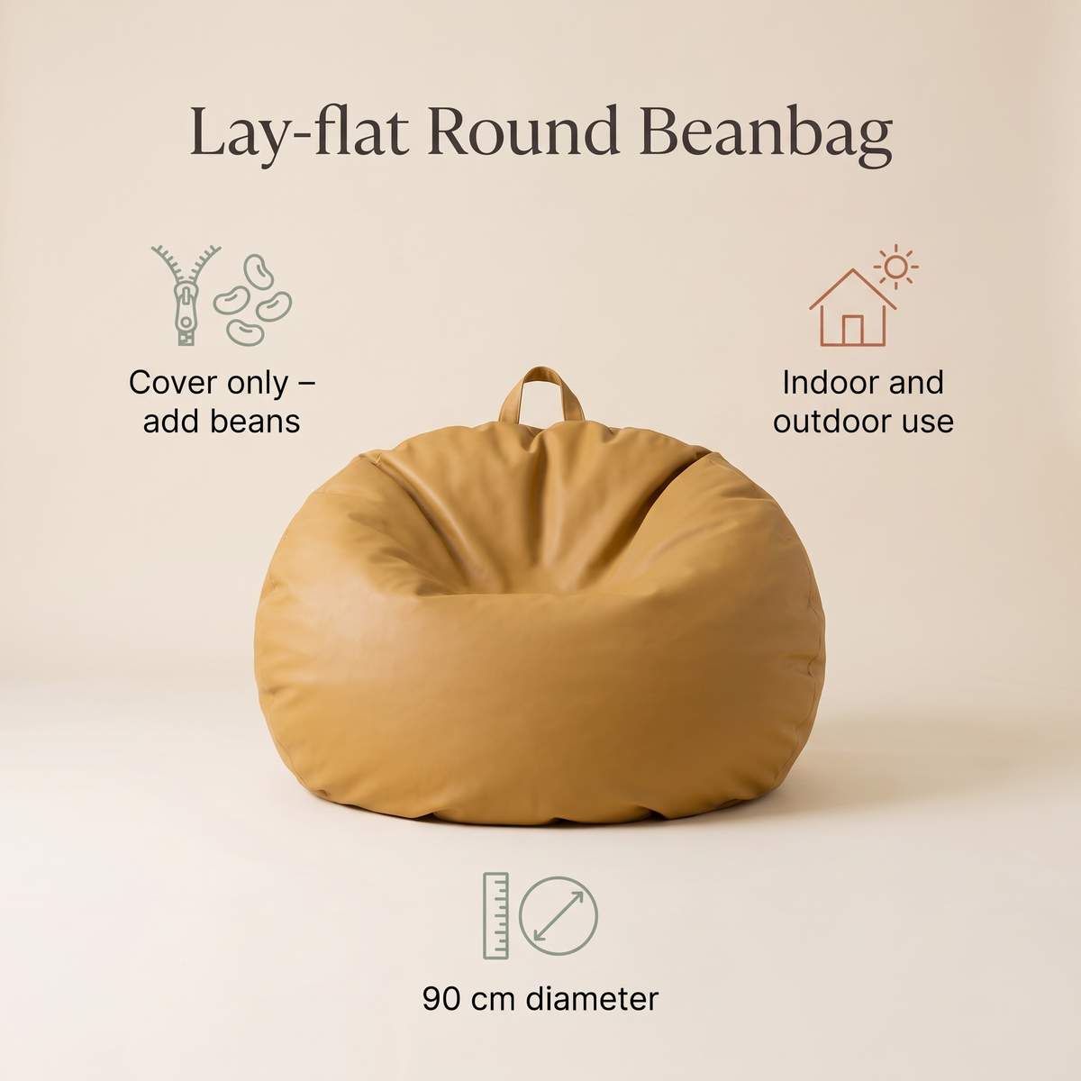 Little Teekie Round Kids Bean Bag Cover | Lay-Flat or Sit-Up Vegan Leather 90cm – Mustard – key features