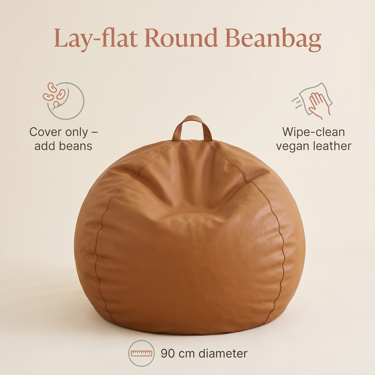 Little Teekie Round Kids Bean Bag Cover | Lay-Flat or Sit-Up Vegan Leather 90cm – Tan – key features