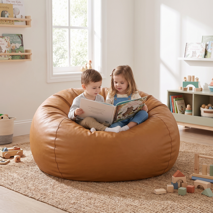 Little Teekie Round Kids Bean Bag Cover | Lay-Flat or Sit-Up Vegan Leather 90cm – Tan – styled in a living room