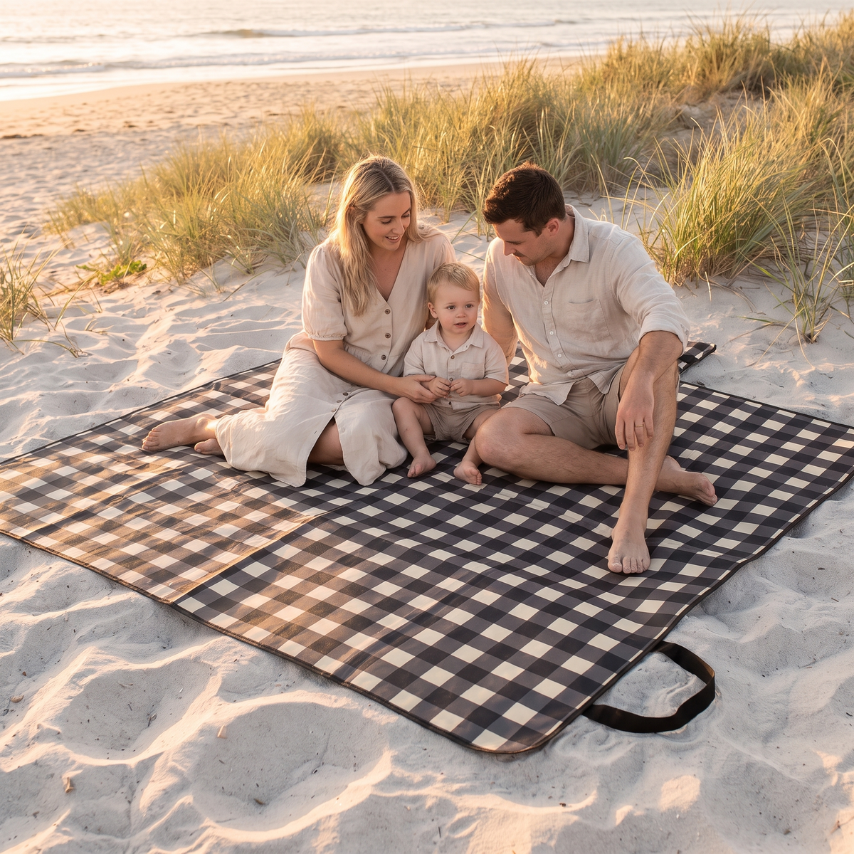 Little Teekie Waterproof Picnic Rug | Roll-Up 2x2m with Peg Loops – Black Check – in use, shows scale