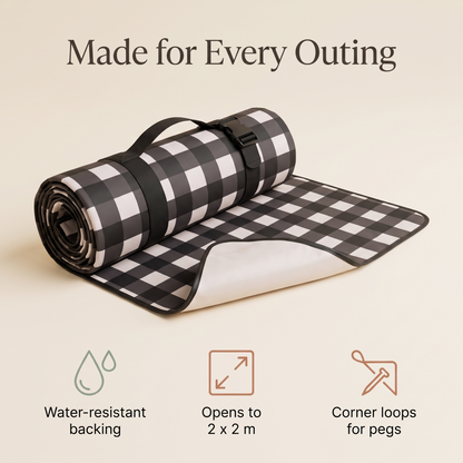 Little Teekie Waterproof Picnic Rug | Roll-Up 2x2m with Peg Loops – Black Check – key features