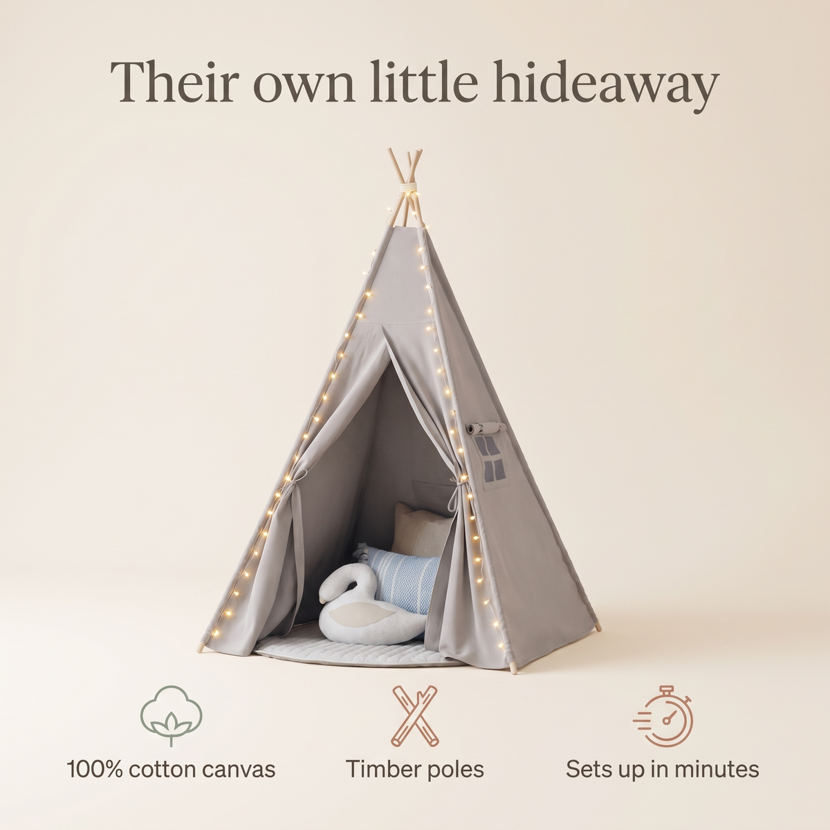 Little Teekie Kids Teepee Play Tent | Cotton Canvas, Pre-Assembled Poles – Grey – key features