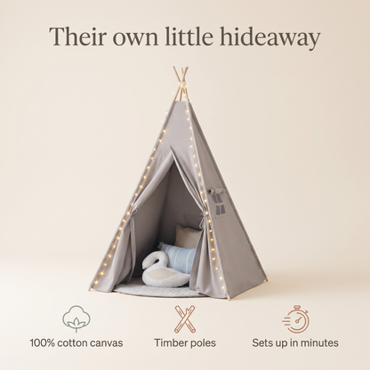 Little Teekie Kids Teepee Play Tent | Cotton Canvas, Pre-Assembled Poles – Grey – key features