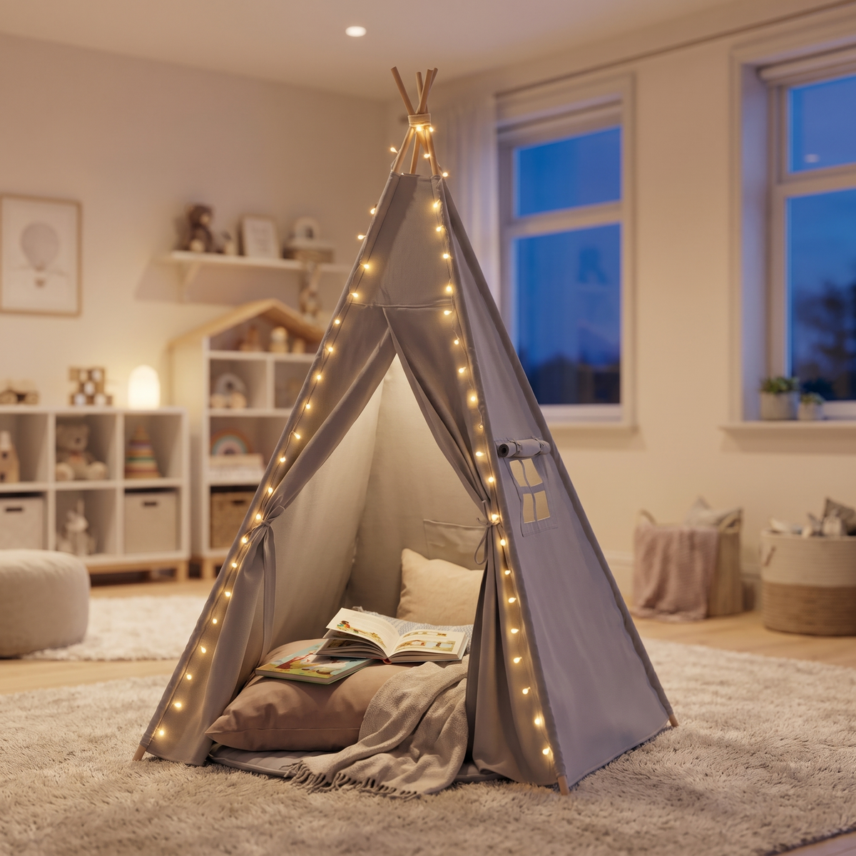 Little Teekie Kids Teepee Play Tent | Cotton Canvas, Pre-Assembled Poles – Grey – styled in a bedroom