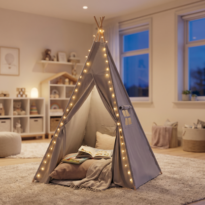Little Teekie Kids Teepee Play Tent | Cotton Canvas, Pre-Assembled Poles – Grey – styled in a bedroom