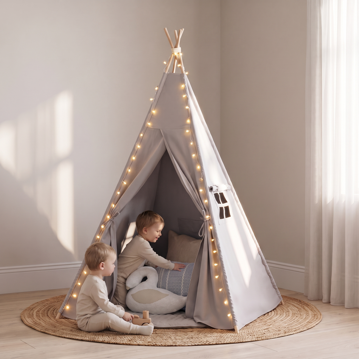 Little Teekie Kids Teepee Play Tent | Cotton Canvas, Pre-Assembled Poles – Grey – in use, shows scale