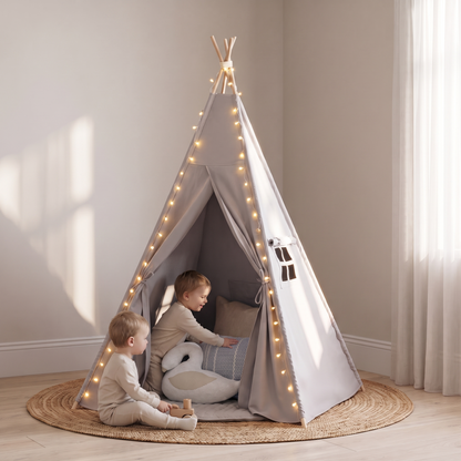 Little Teekie Kids Teepee Play Tent | Cotton Canvas, Pre-Assembled Poles – Grey – in use, shows scale