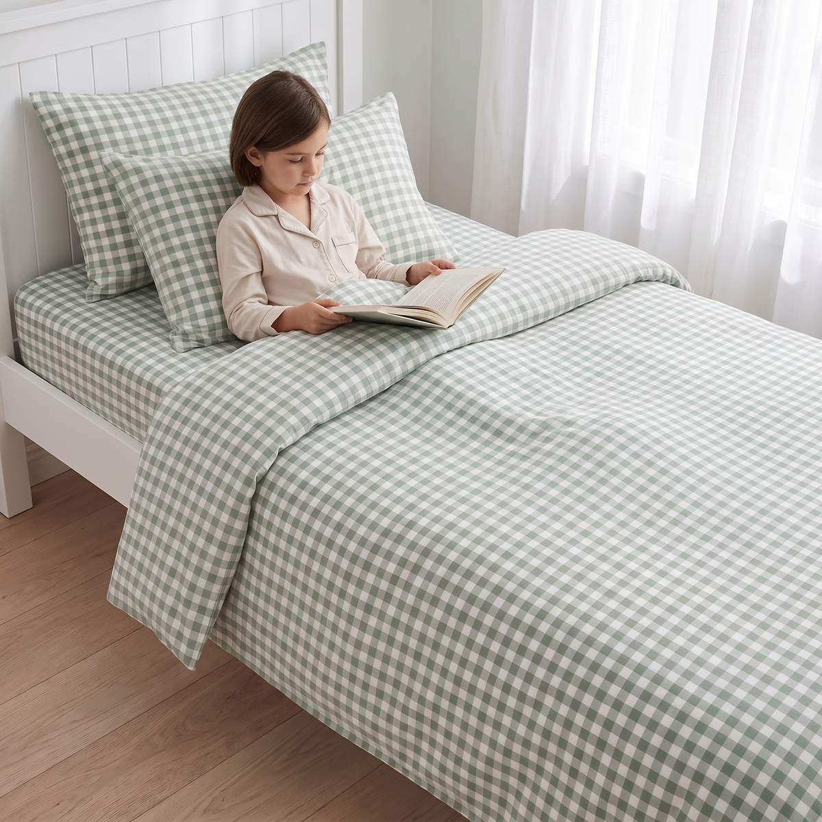 Little Teekie Gingham Organic Cotton Quilt Cover | King Single/Double 180x210cm – Sage – in use, shows scale