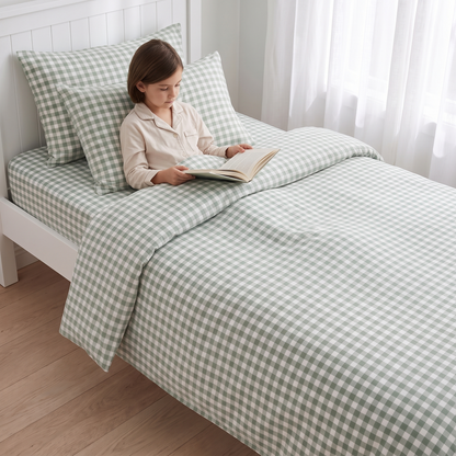 Little Teekie Gingham Organic Cotton Quilt Cover | King Single/Double 180x210cm – Sage – in use, shows scale