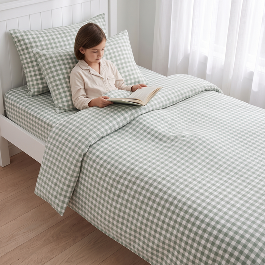 Little Teekie Gingham Organic Cotton Quilt Cover | King Single/Double 180x210cm – Sage – in use, shows scale
