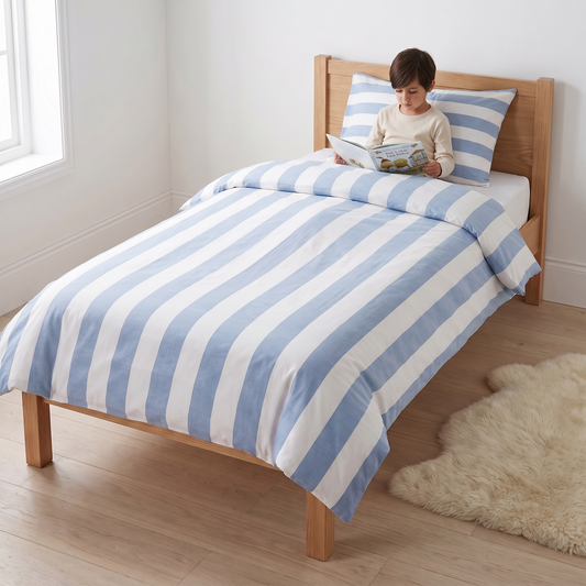 Little Teekie Stripe Organic Cotton Quilt Cover | Single 140x210cm – Seaside Stripe – in use, shows scale