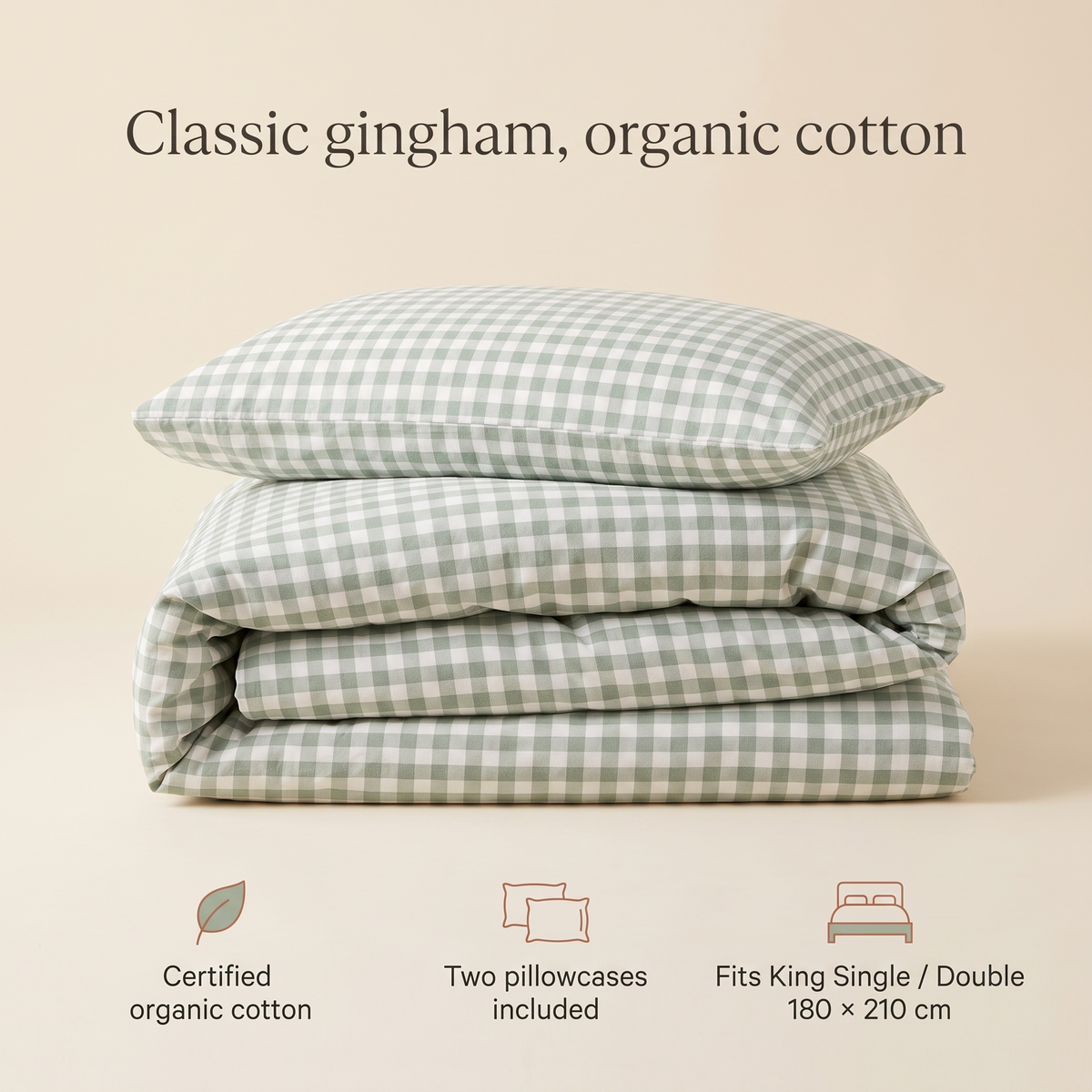 Little Teekie Gingham Organic Cotton Quilt Cover | King Single/Double 180x210cm – Sage – key features